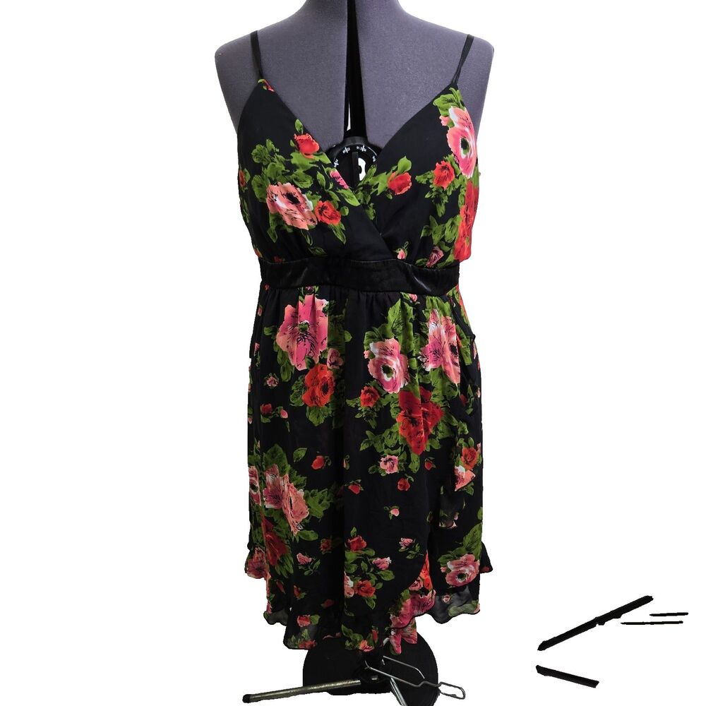 Torrid Dress Womens Plus Size 18 Black Floral Spaghetti Strap Chiffon Faux Wrap